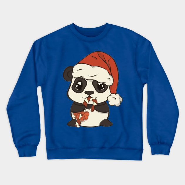 Cute Christmas panda bear in red Santa's hat with pompon eat sugar lollipop striped stick Crewneck Sweatshirt by amramna